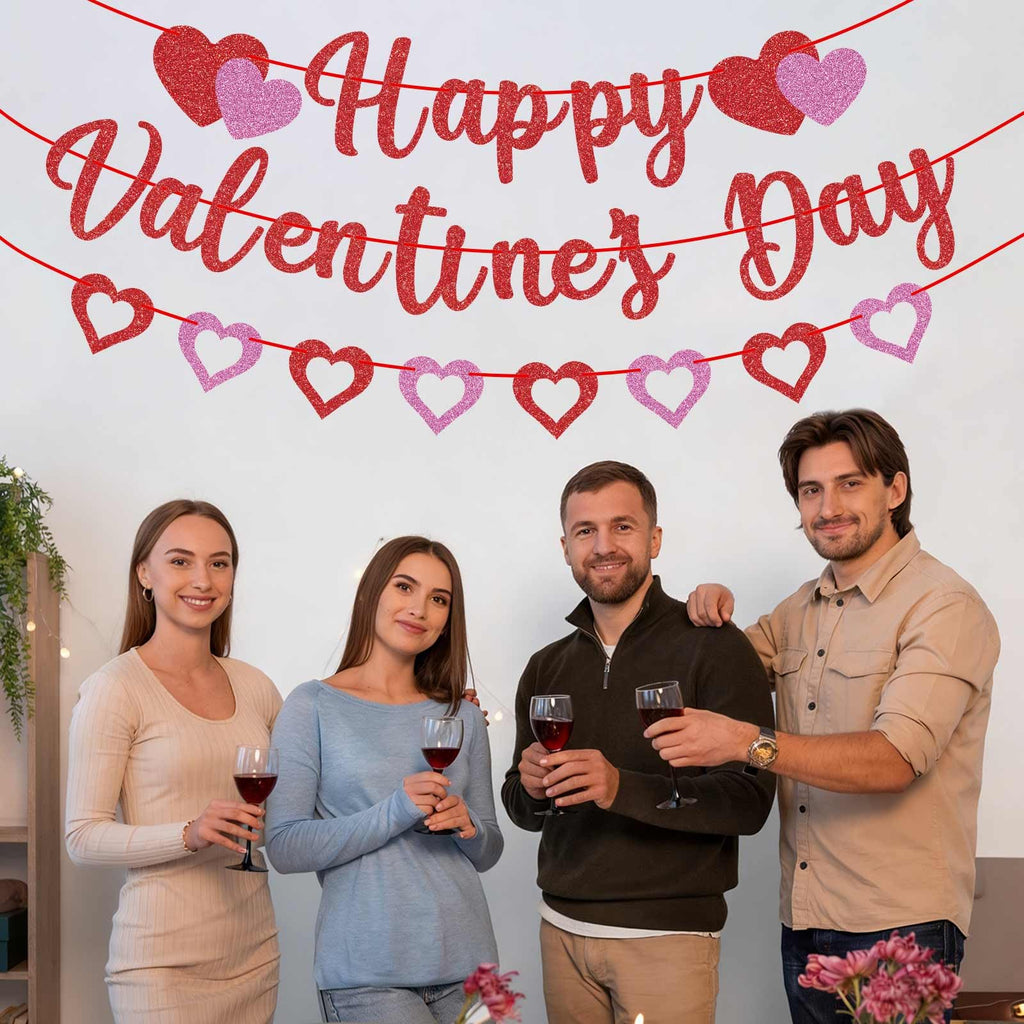GULWAT Glitter Happy Valentines Day Banner - 10ft Red & Pink Sparkling Valentine Decorations