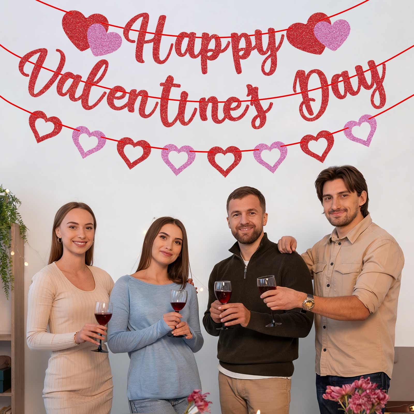GULWAT Glitter Happy Valentines Day Banner - 10ft Red & Pink Sparkling Valentine Decorations