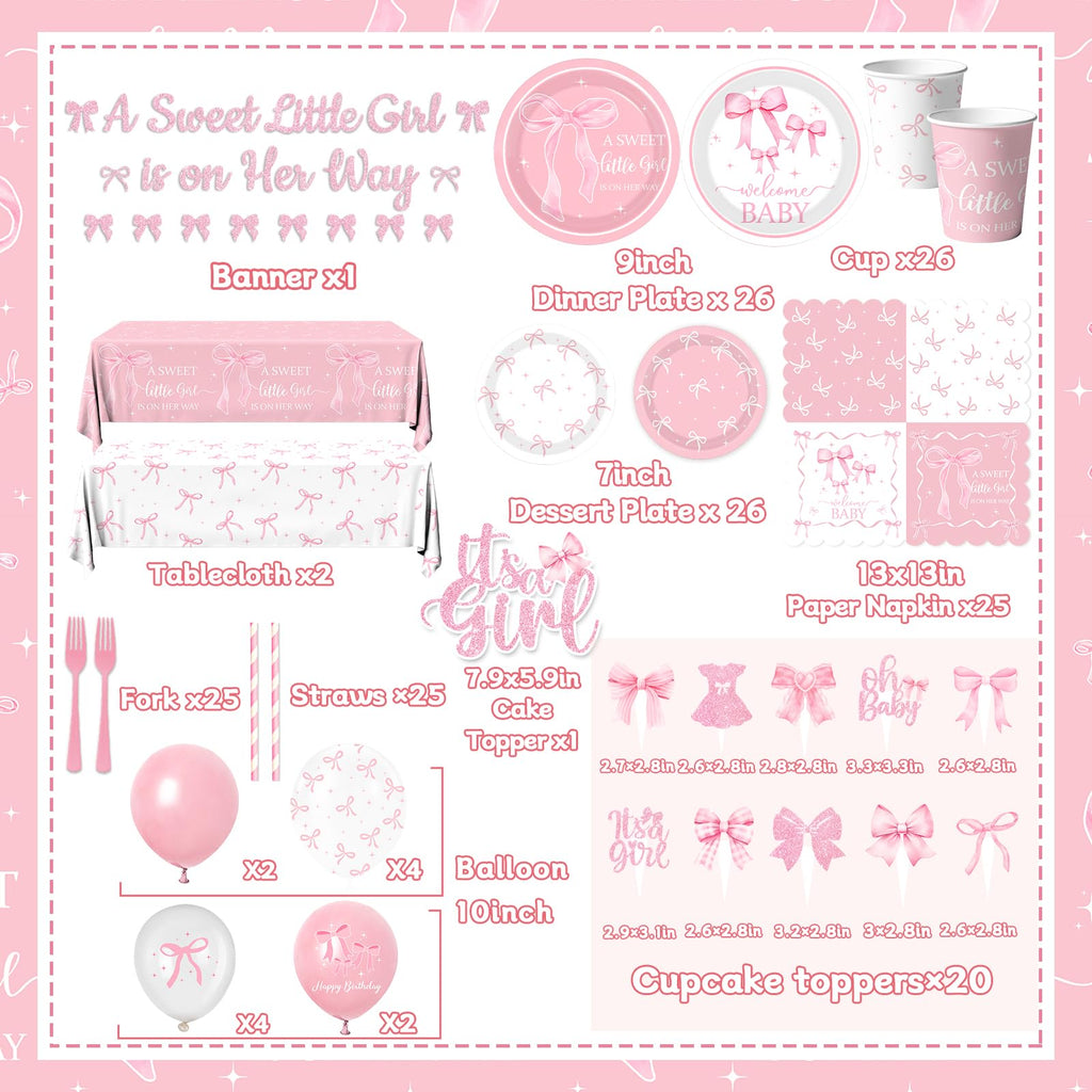 Gupesxu Pink Bow Baby Shower Decorations — Complete 25-Guest Party Supplies Set
