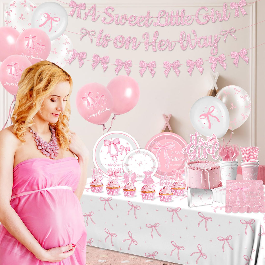 Gupesxu Pink Bow Baby Shower Decorations — Complete 25-Guest Party Supplies Set