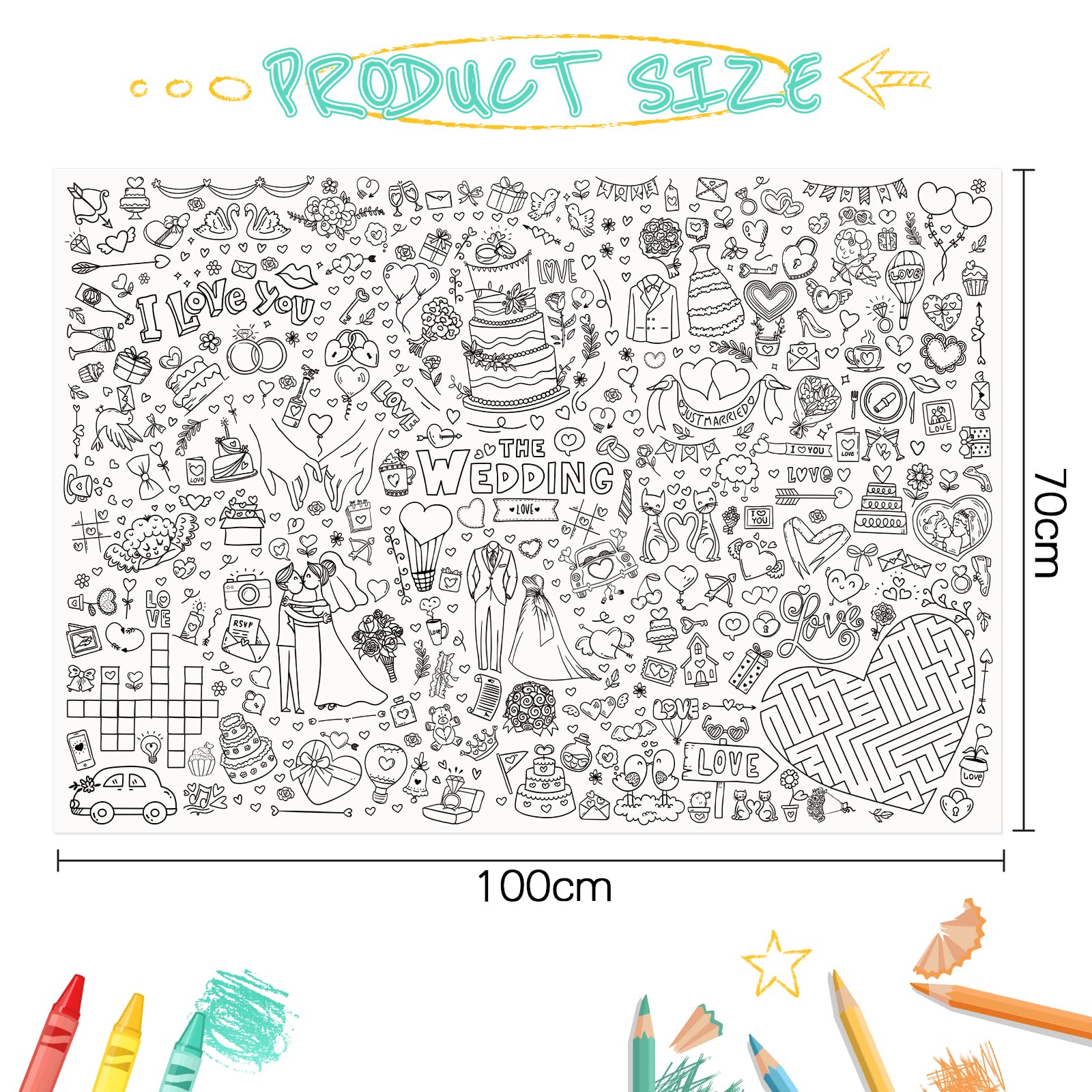 GWHOLE Giant Coloring Poster 40x28 Inch – Wedding Themed Colorable Tablecloth for Home, School, Bridal Shower