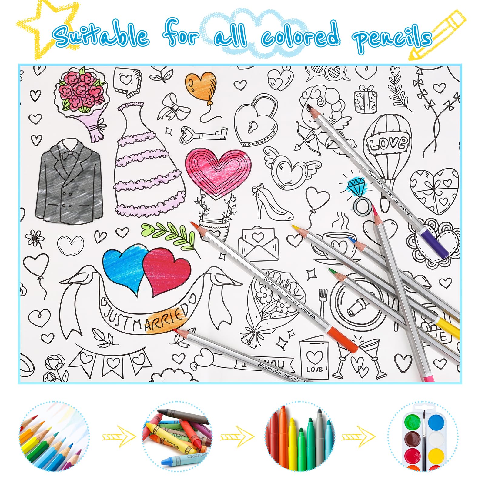 GWHOLE Giant Coloring Poster 40x28 Inch – Wedding Themed Colorable Tablecloth for Home, School, Bridal Shower