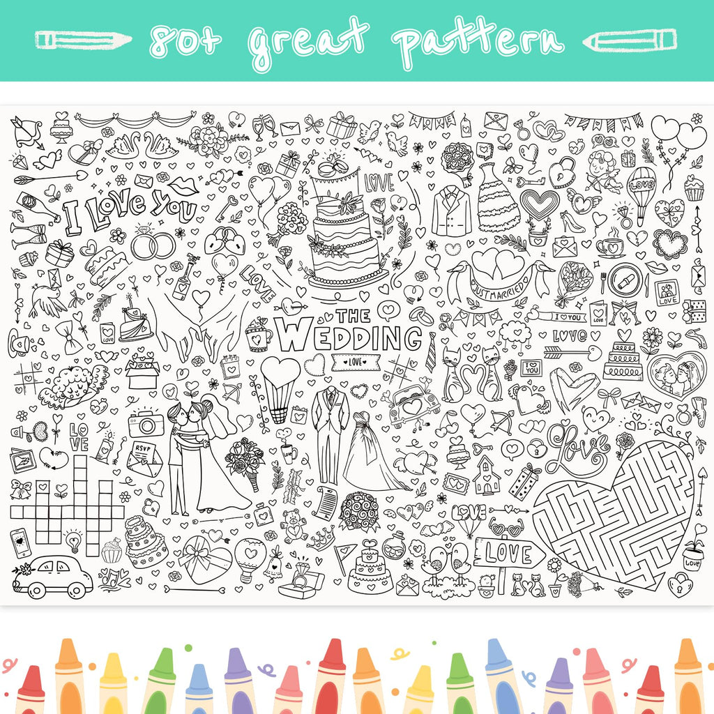 GWHOLE Giant Coloring Poster 40x28 Inch – Wedding Themed Colorable Tablecloth for Home, School, Bridal Shower