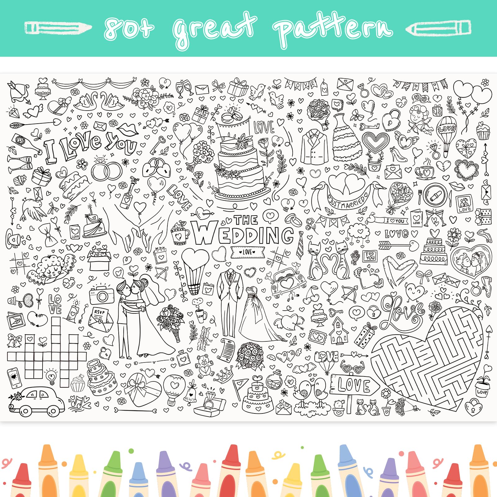 GWHOLE Giant Coloring Poster 40x28 Inch – Wedding Themed Colorable Tablecloth for Home, School, Bridal Shower