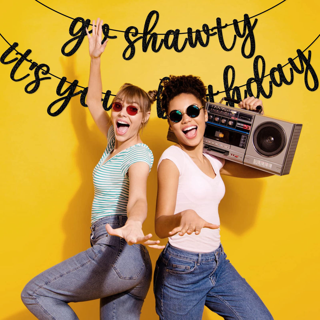 GXSOVSO Go Shawty Birthday Banner - Black Glitter Hip Hop Party Decor