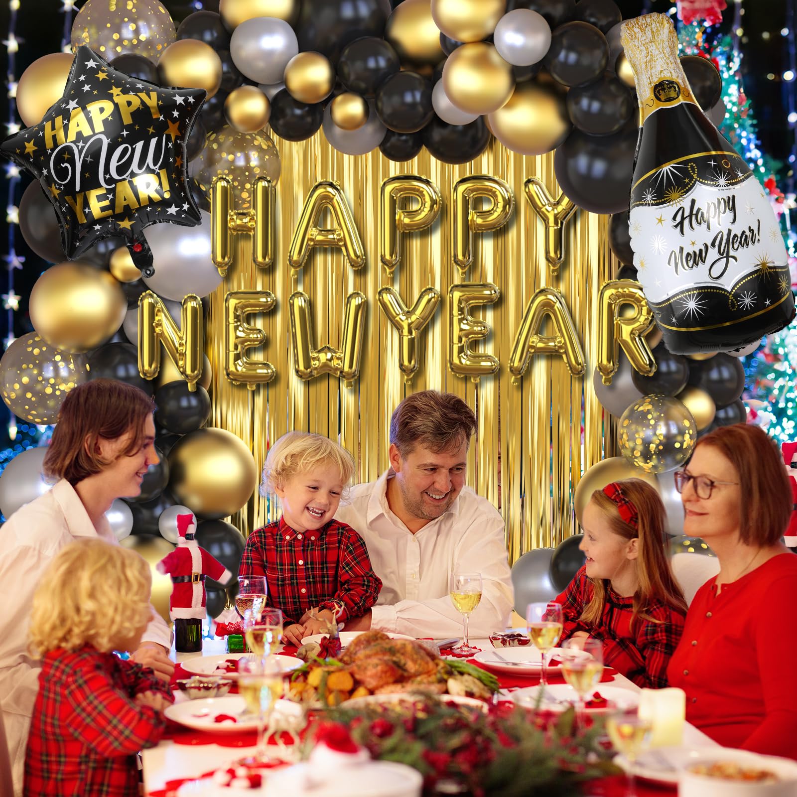 GYIPFIPA New Years Decorations 2026 – Black & Gold Balloons, Banner & Fringe Backdrop