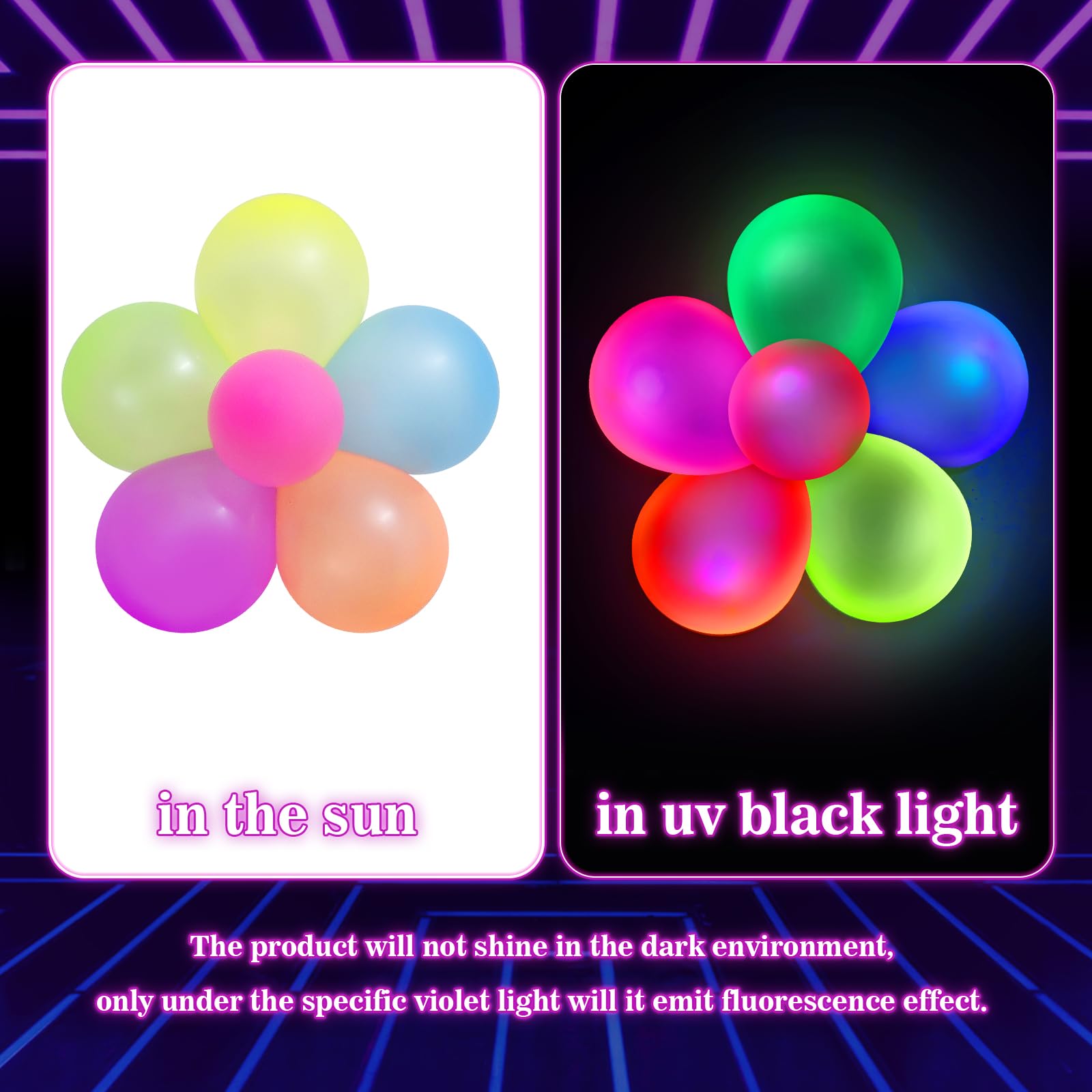 GYIPFIPA 110 Pcs UV Neon Balloons – 7 Colors, Blacklight Glow Party Decorations