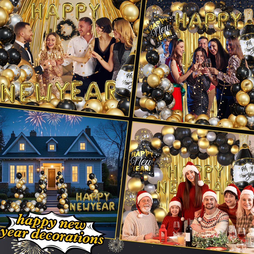 GYIPFIPA New Years Decorations 2026 – Black & Gold Balloons, Banner & Fringe Backdrop
