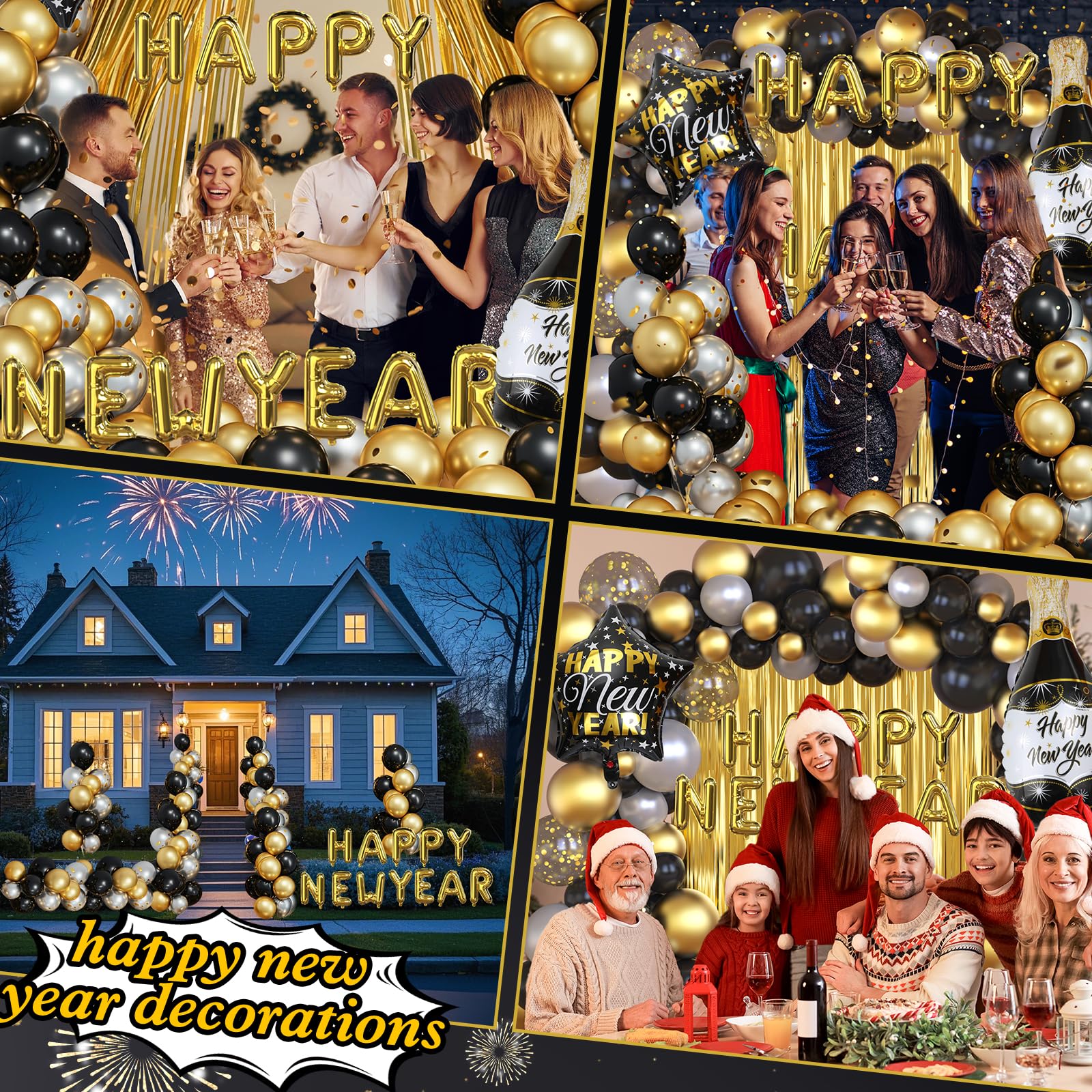 GYIPFIPA New Years Decorations 2026 – Black & Gold Balloons, Banner & Fringe Backdrop