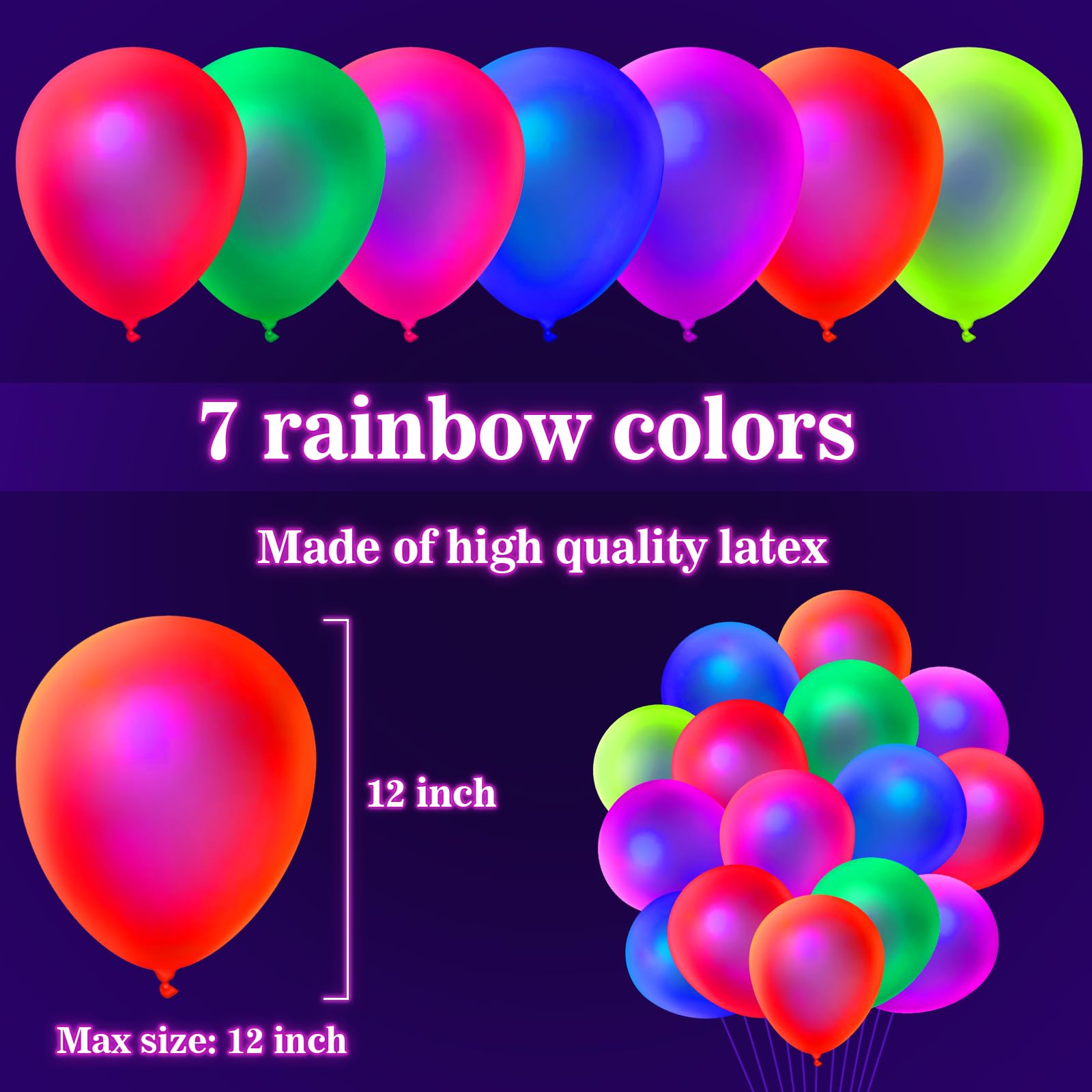 GYIPFIPA 110 Pcs UV Neon Balloons – 7 Colors, Blacklight Glow Party Decorations