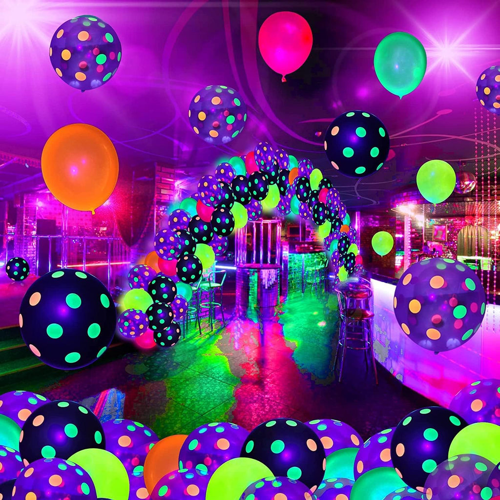 GYIPFIPA 90 Pcs UV Neon Balloons – Glow in the Dark Polka Dot Balloons for Birthday, Wedding & Parties