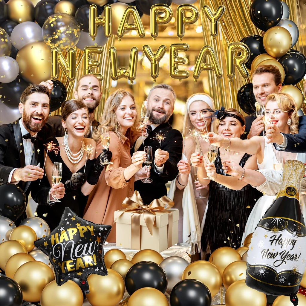 GYIPFIPA New Years Decorations 2026 – Black & Gold Balloons, Banner & Fringe Backdrop