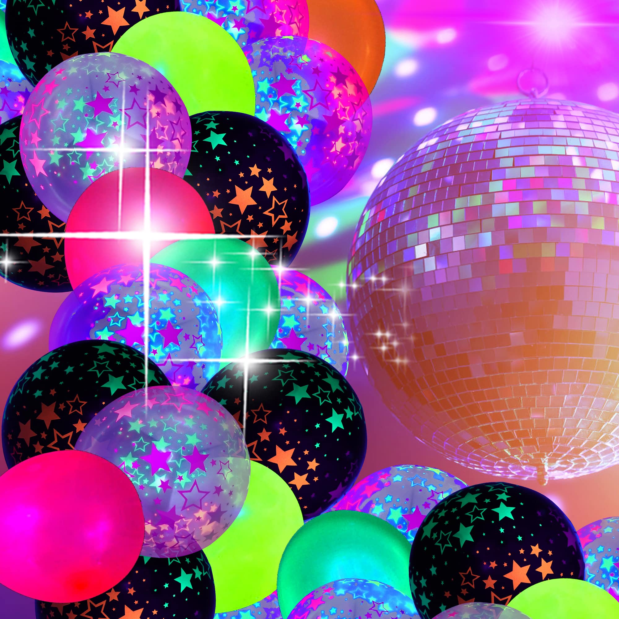 GYIPFIPA 90 Pcs UV Neon Balloons – Glow Stars, Black Light Party Decor