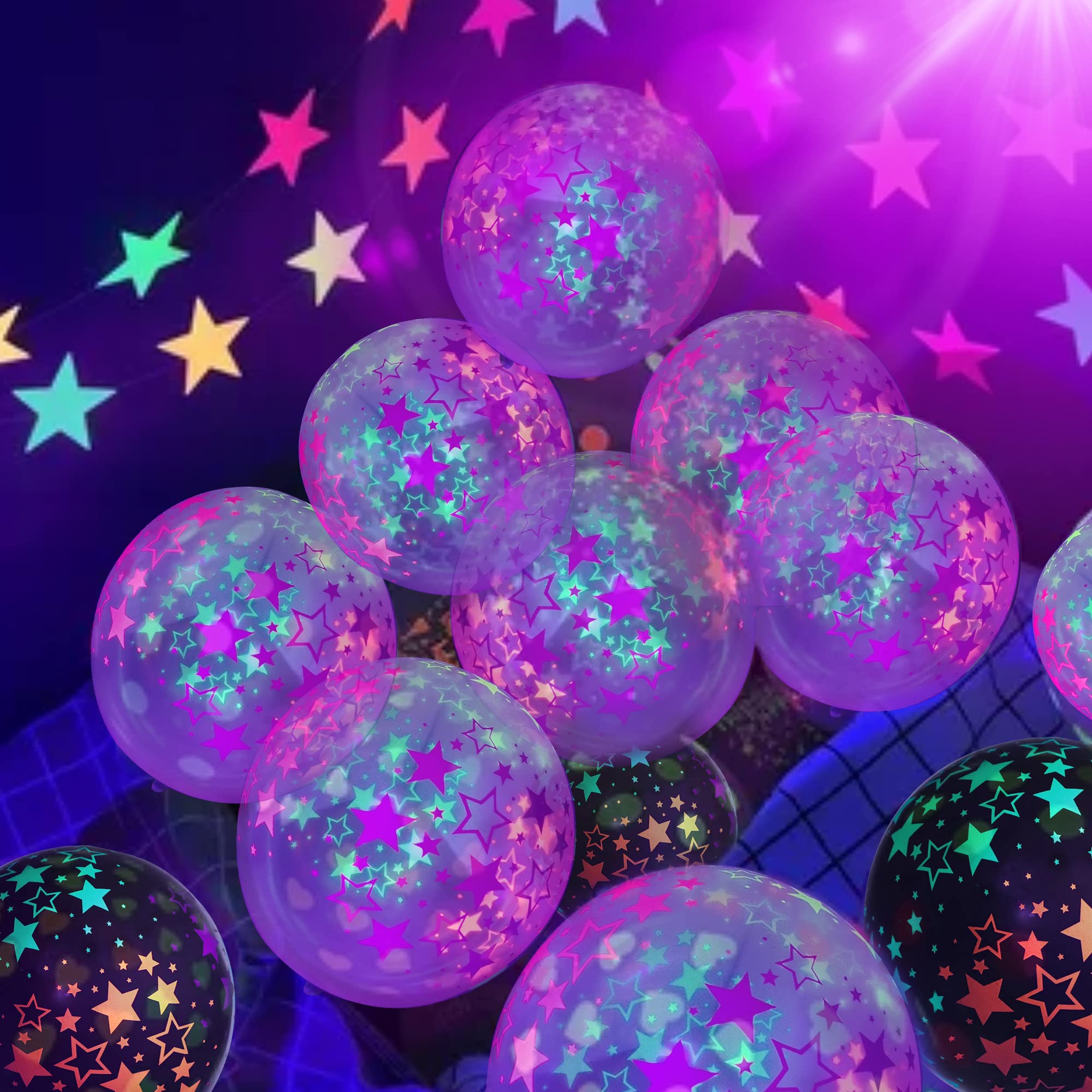 GYIPFIPA 90 Pcs UV Neon Balloons – Glow Stars, Black Light Party Decor