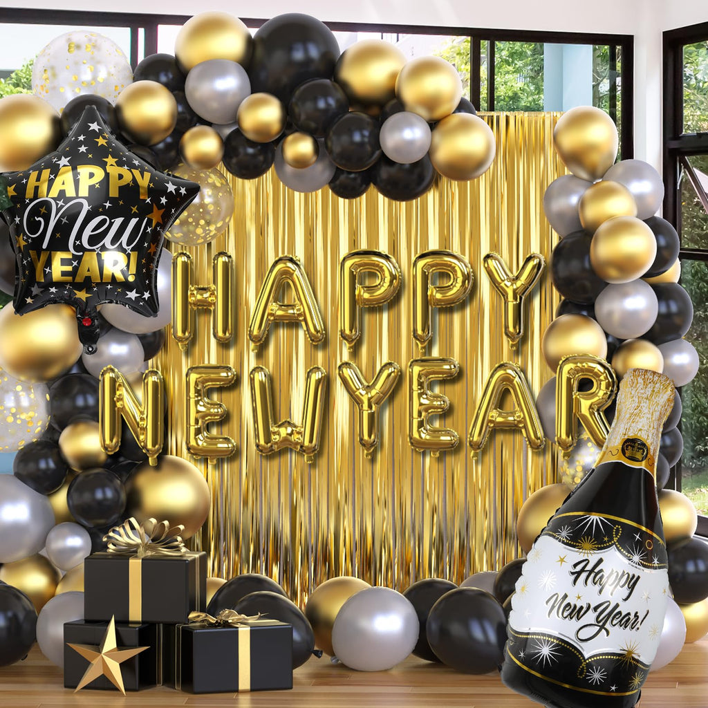 GYIPFIPA New Years Decorations 2026 – Black & Gold Balloons, Banner & Fringe Backdrop