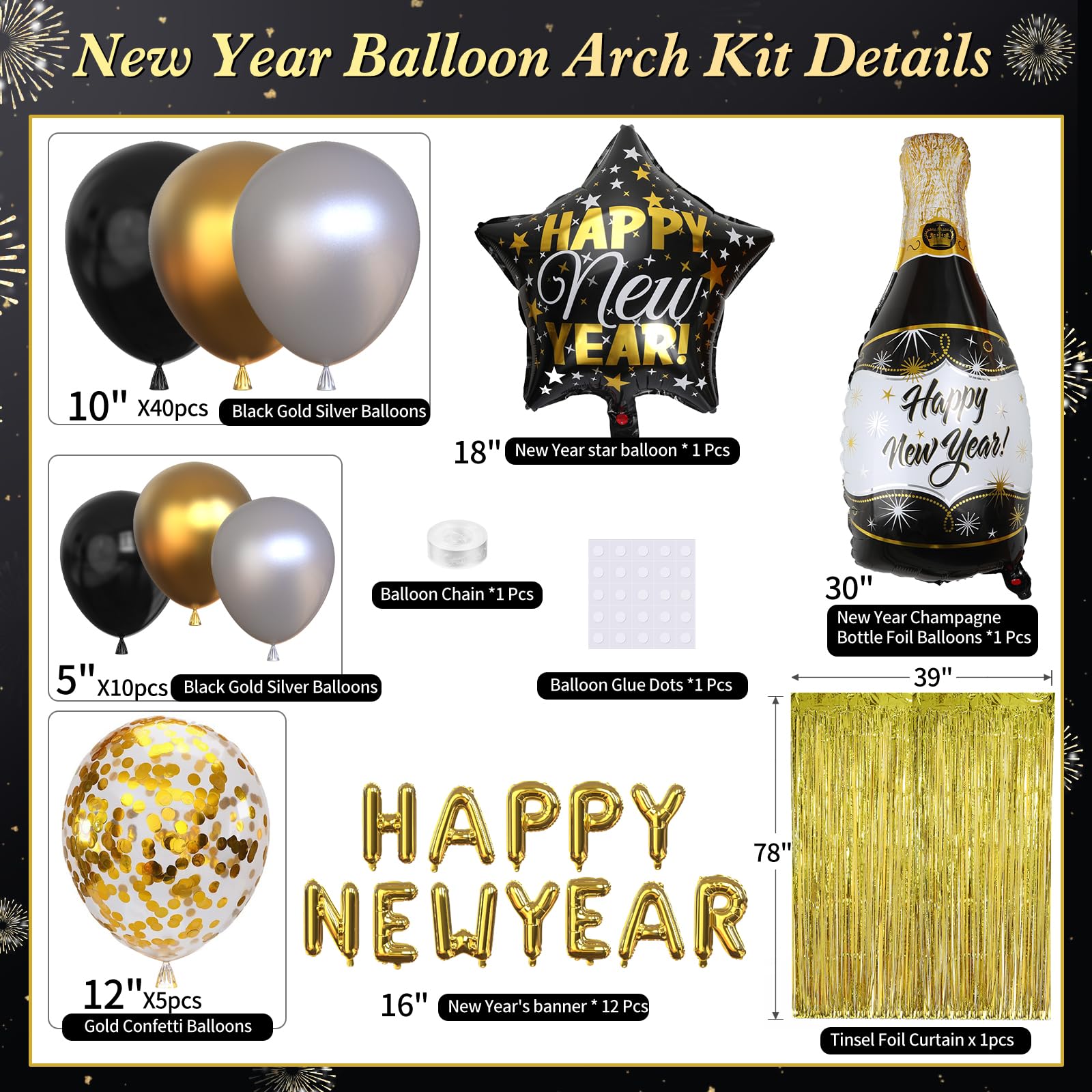 GYIPFIPA New Years Decorations 2026 – Black & Gold Balloons, Banner & Fringe Backdrop