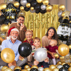 GYIPFIPA New Years Decorations 2026 – Black & Gold Balloons, Banner & Fringe Backdrop