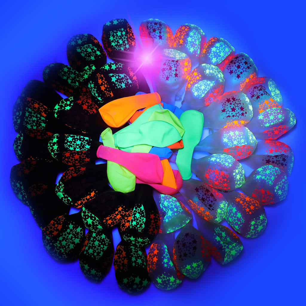 GYIPFIPA 90 Pcs UV Neon Balloons – Glow Stars, Black Light Party Decor