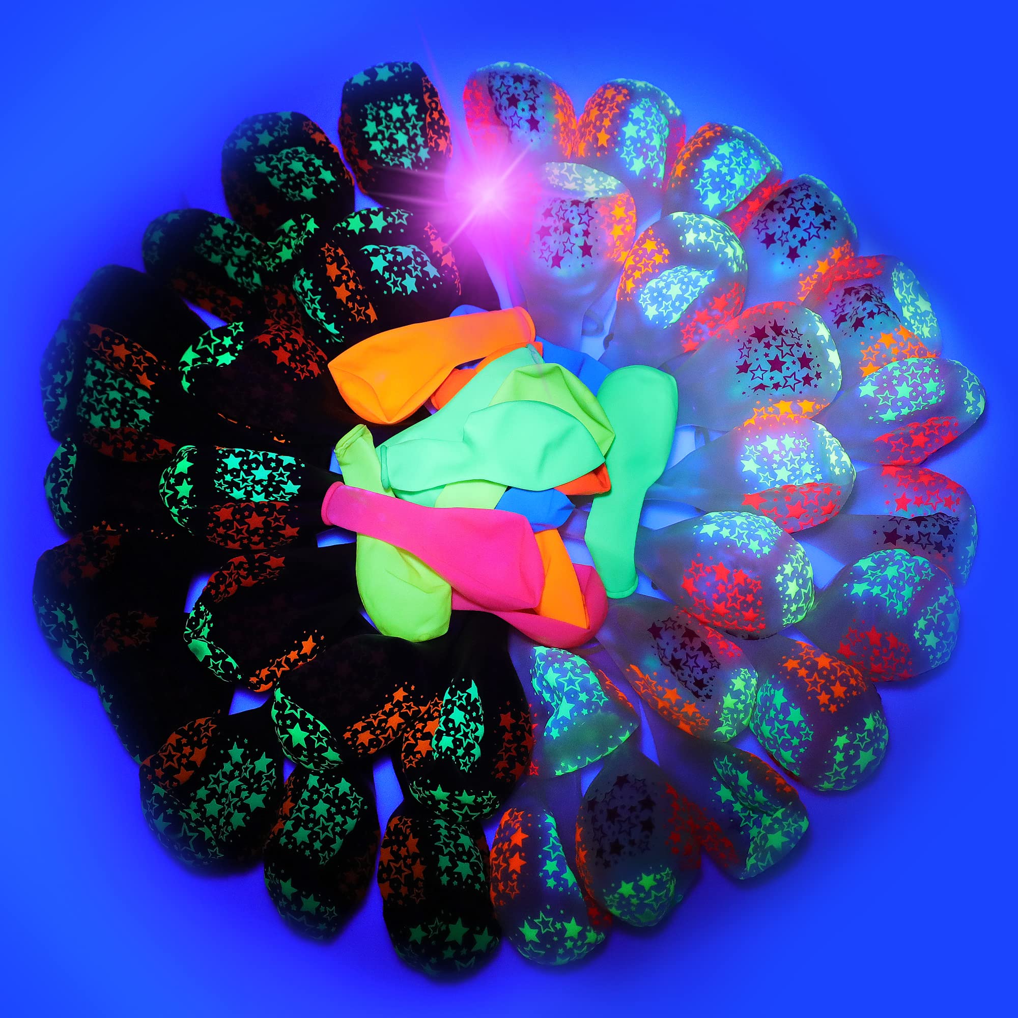 GYIPFIPA 90 Pcs UV Neon Balloons – Glow Stars, Black Light Party Decor