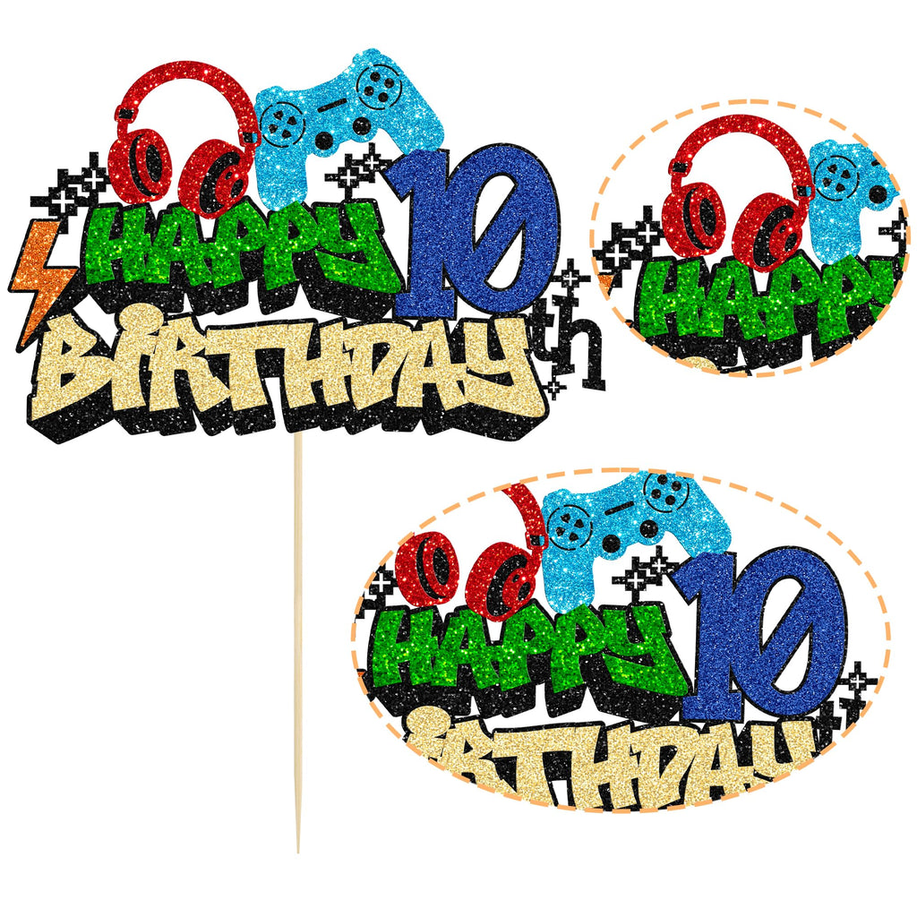 Gyufise Video Game 10th Birthday Cake Topper – Glitter Cake Pick