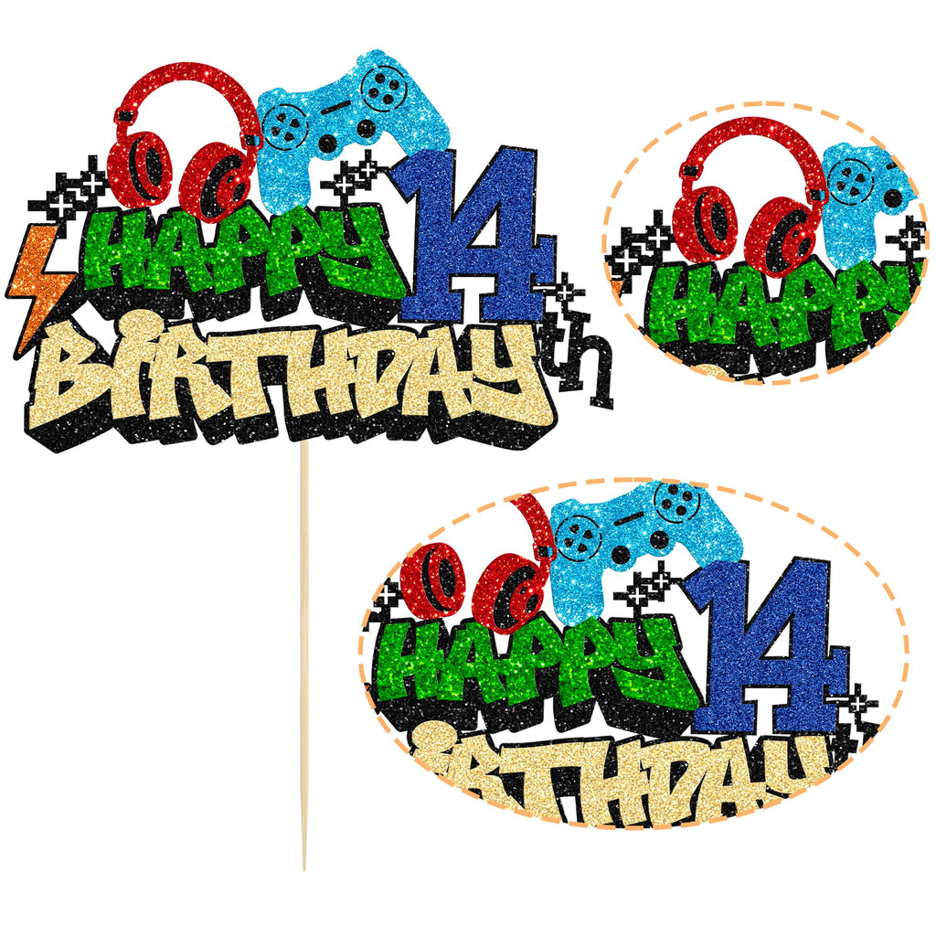 Gyufise Happy 14th Birthday Cake Topper – Glitter Video Game Cake Pick, Game On