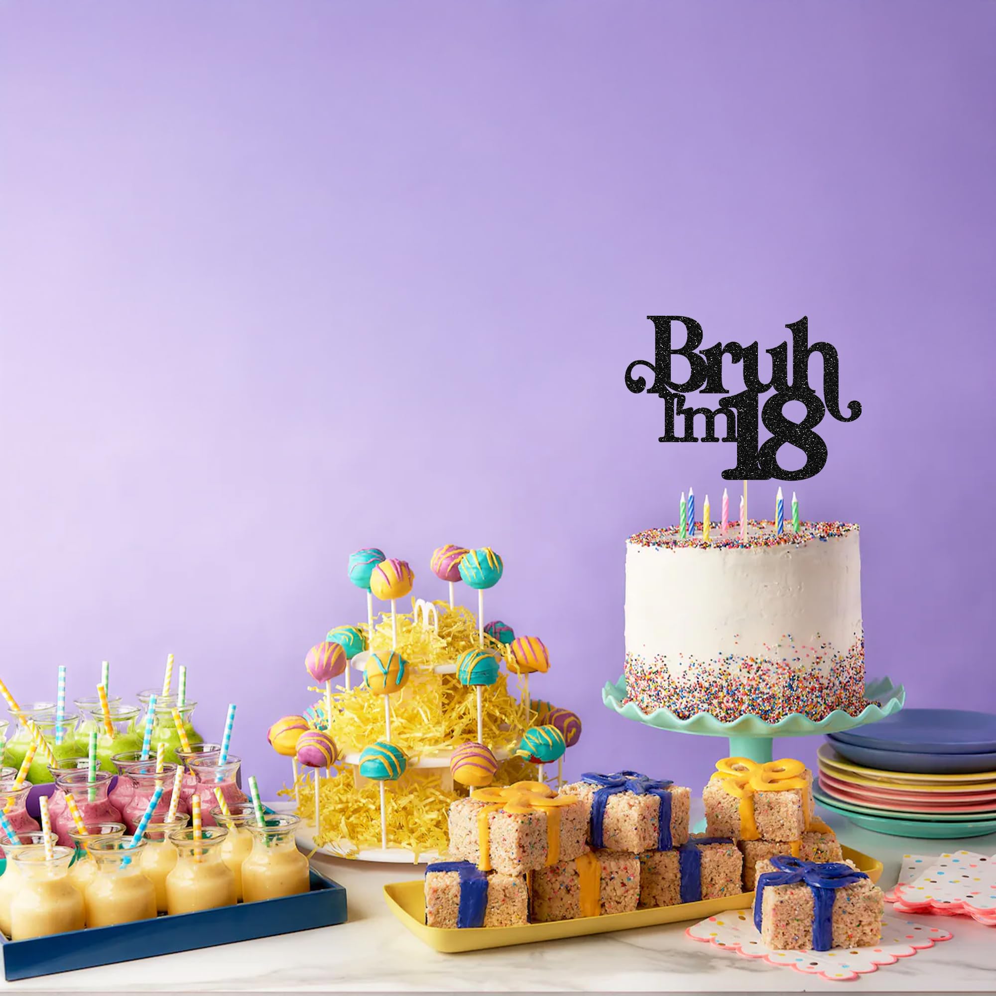 Gyufise 1 Pack Bruh I'm 18 Cake Topper - Black Glitter | 18th Birthday Party Decor