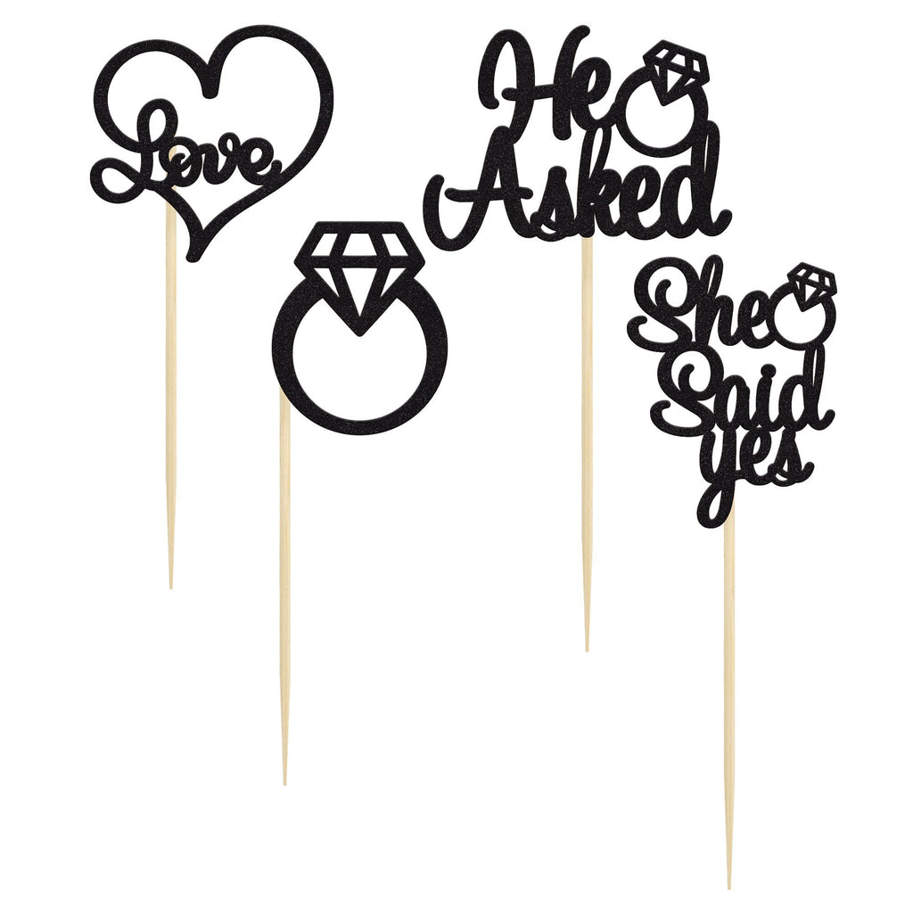 Gyufise 24 Pack Black Glitter He Asked She Said Yes Cupcake Toppers | Wedding & Bridal Shower Decor