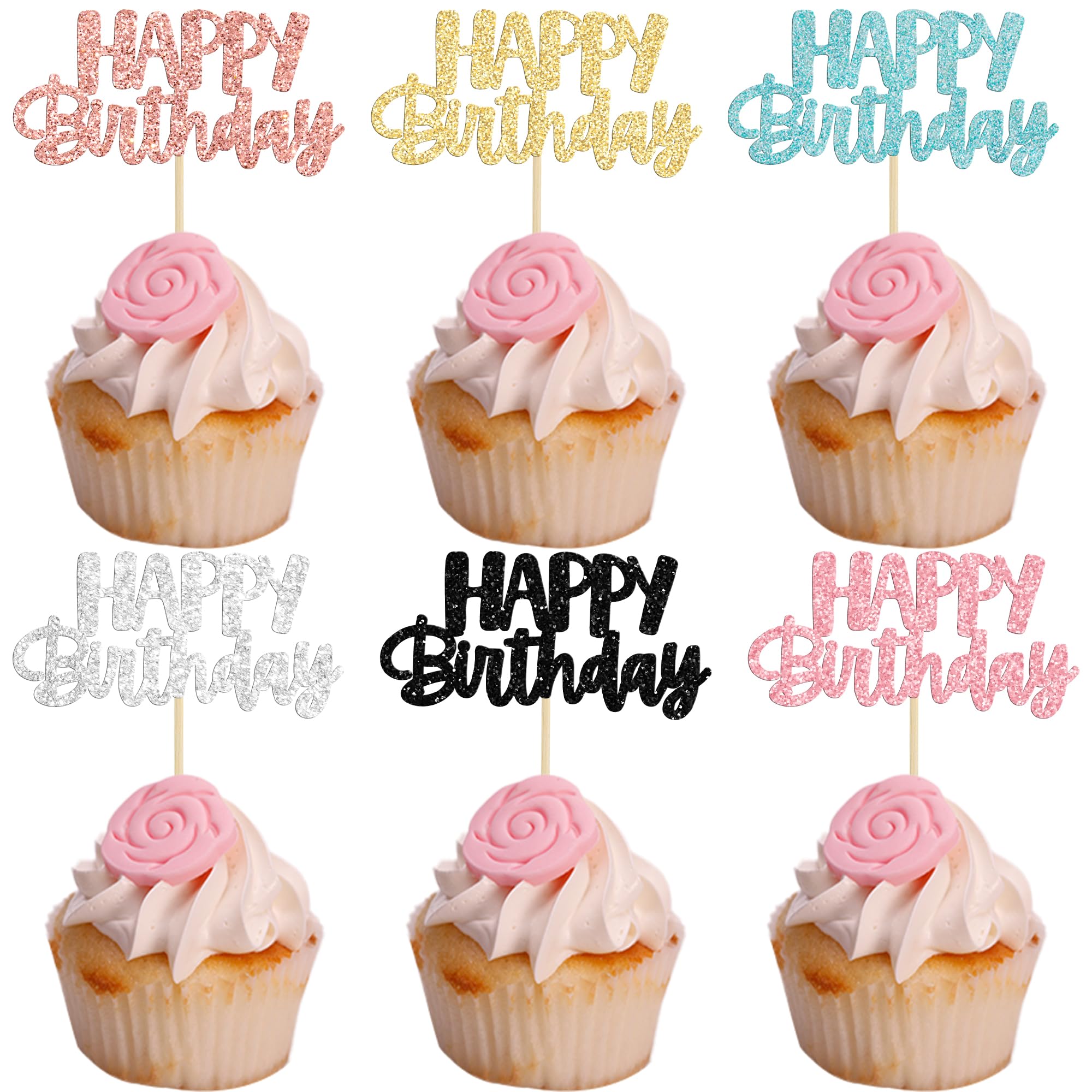 Gyufise 24Pcs Glitter Birthday Cupcake Toppers – 6 Colors, Ready-to-Insert Party Decor