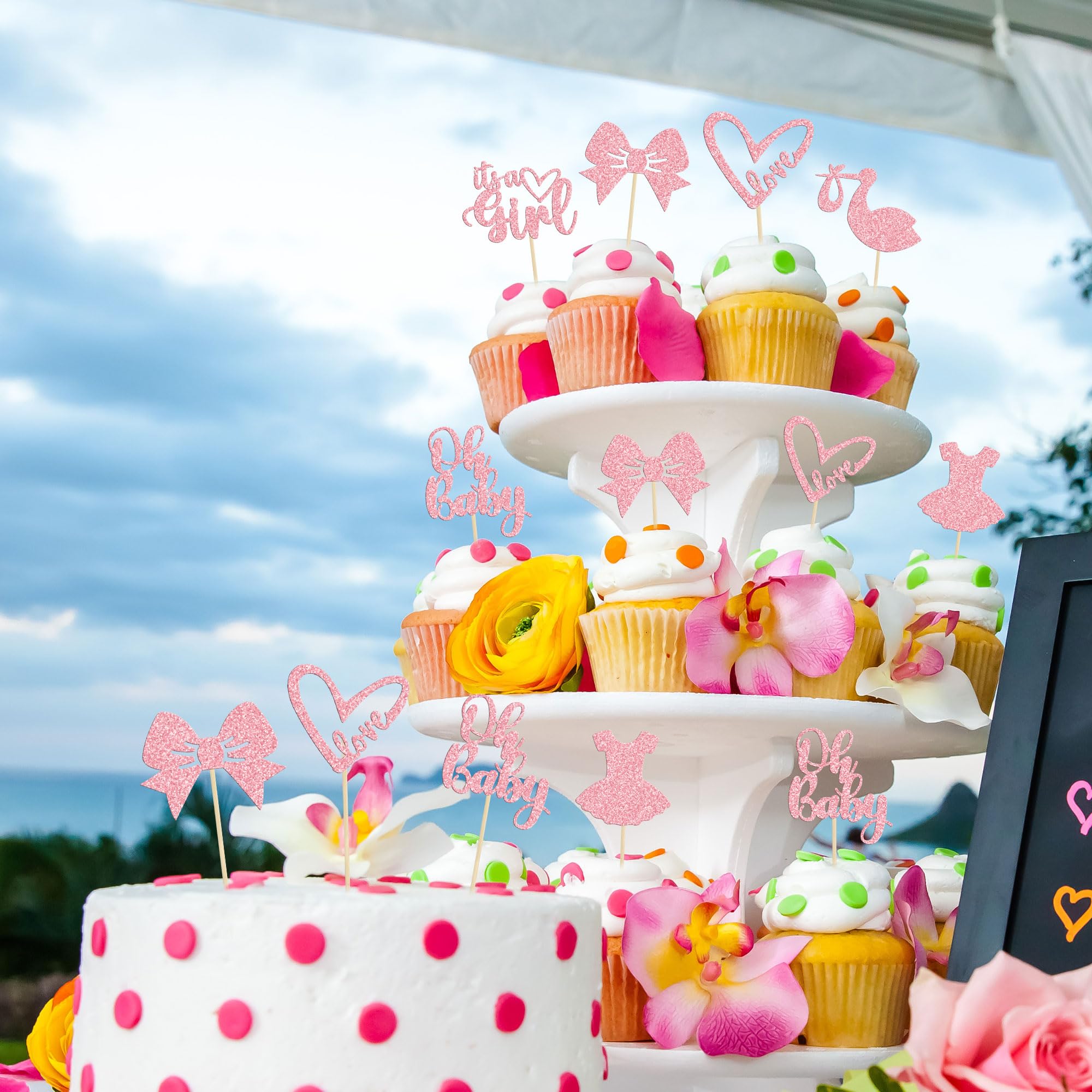 Gyufise 36-Pack Oh Baby Cupcake Toppers – Girl Theme Pink Glitter Cake Picks