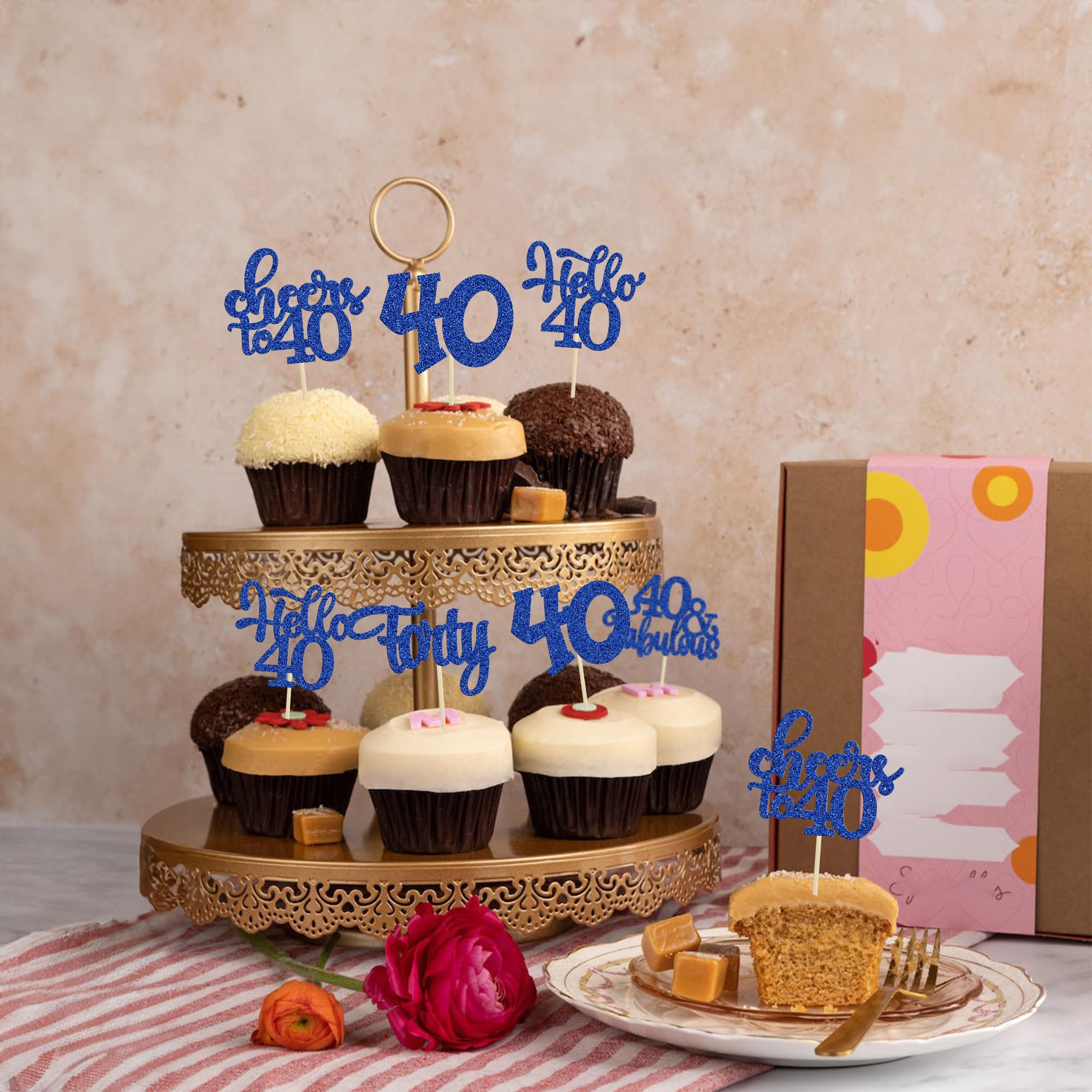 Gyufise 24Pcs Happy 40th Birthday Cupcake Toppers – Deep Blue Glitter, Cheers to 40 Years Old Party Decor