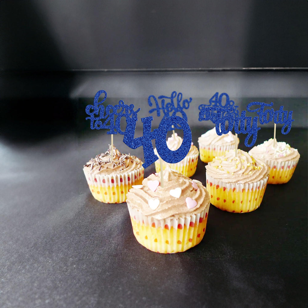 Gyufise 24Pcs Happy 40th Birthday Cupcake Toppers – Deep Blue Glitter, Cheers to 40 Years Old Party Decor
