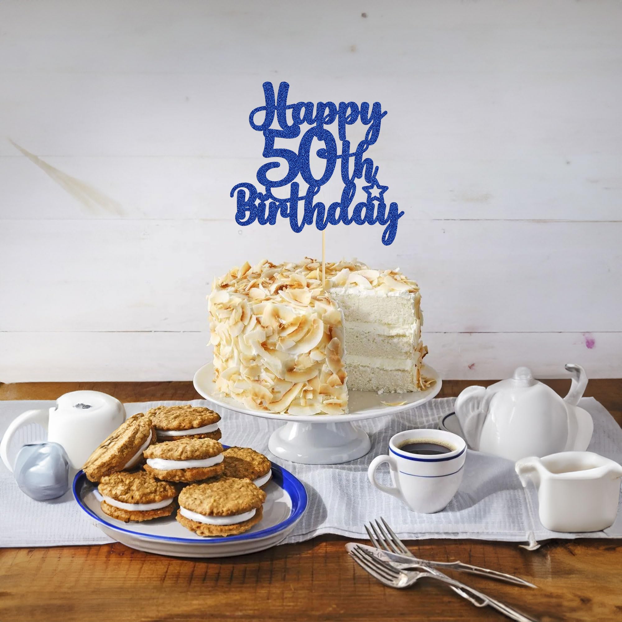 Gyufise Happy 50th Birthday Cake Topper – Blue Glitter, 50 & Fabulous Cheers to 50 Years Old