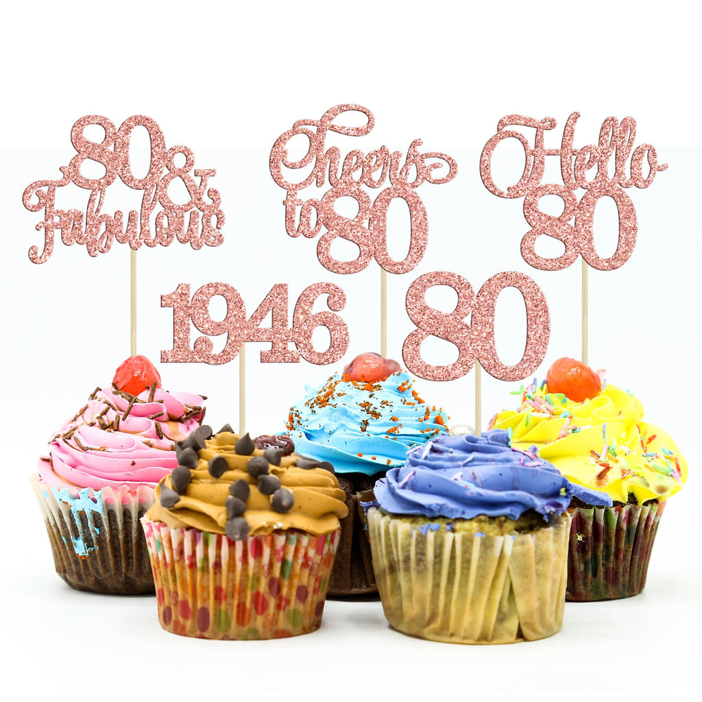 Gyufise 30 Pcs 80th Birthday Cupcake Toppers – Rose Gold Cake Decorations for 80th Birthday & Anniversary