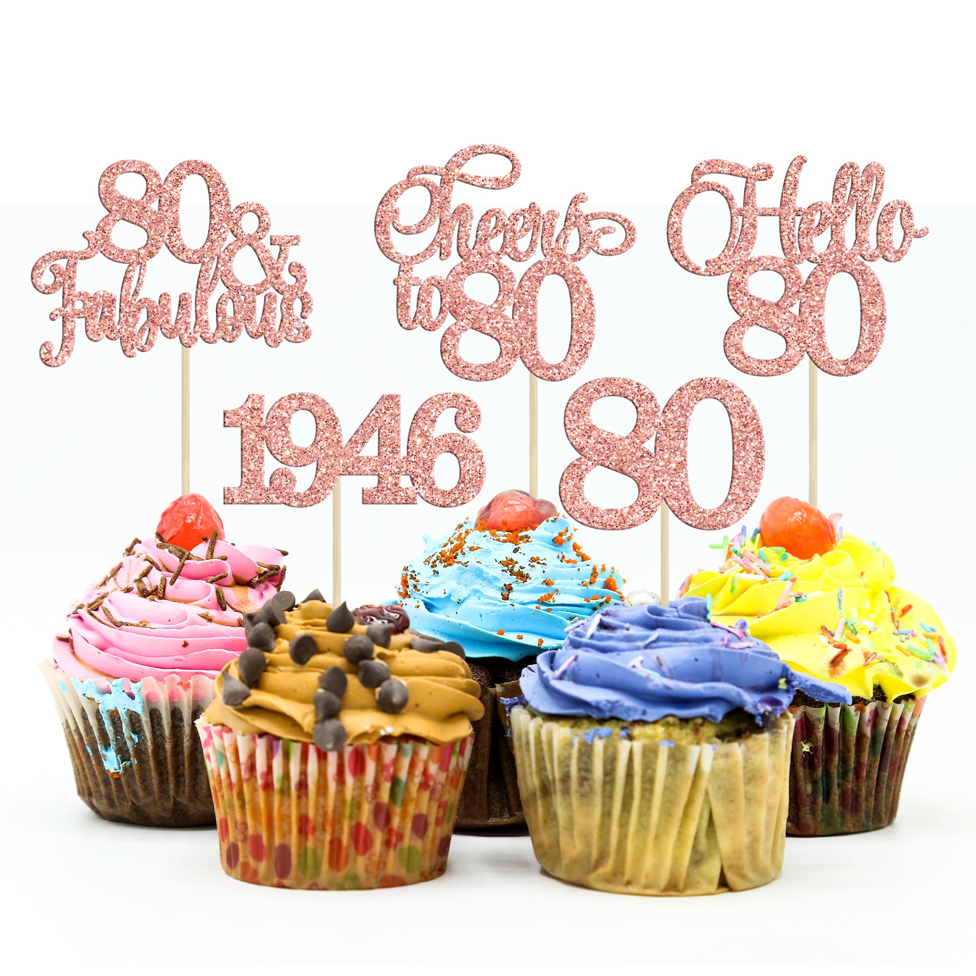 Gyufise 30 Pcs 80th Birthday Cupcake Toppers – Rose Gold Cake Decorations for 80th Birthday & Anniversary
