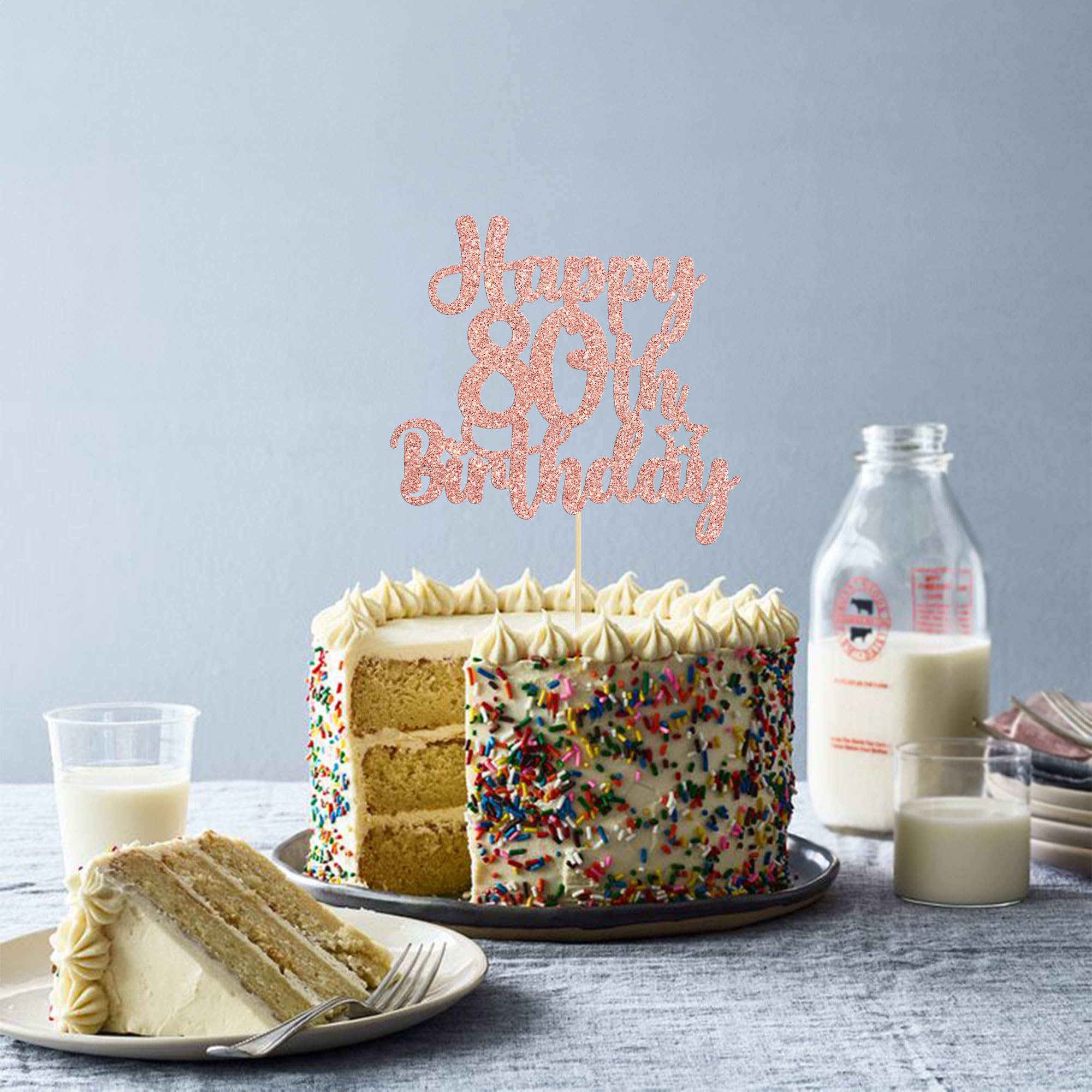 Gyufise 1Pc Happy 80th Birthday Cake Topper – Rose Gold Glitter, Cheers to 80 Years
