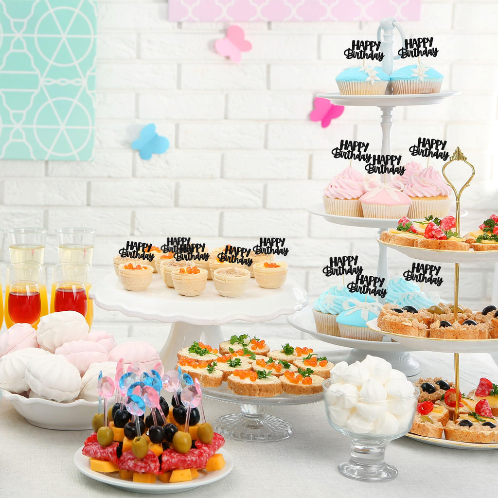 Gyufise Black Glitter Happy Birthday Cupcake Toppers – 24-Pack Cake Decorations