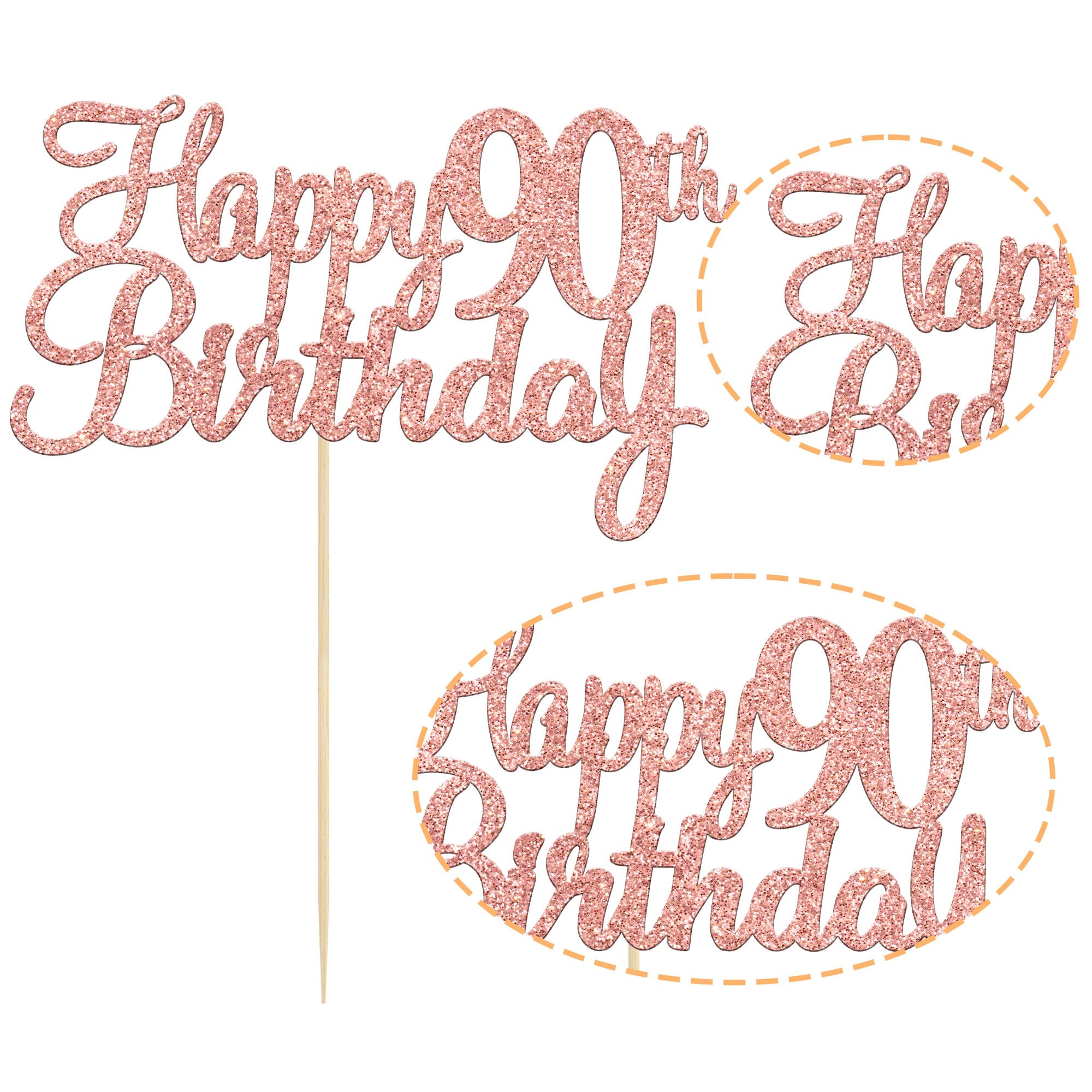 Gyufise 90th Birthday Cake Topper – Rose Gold Glitter, Ready-to-Insert