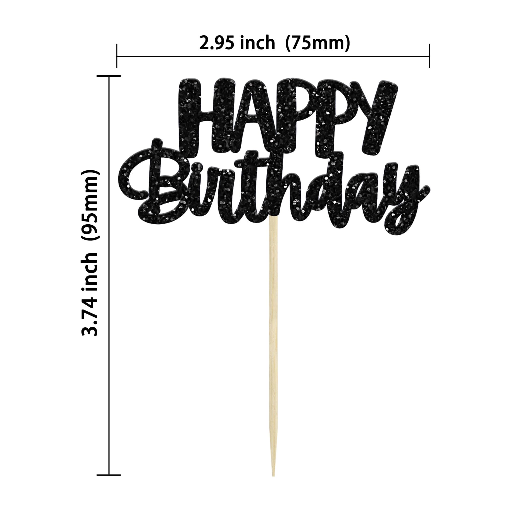 Gyufise Black Glitter Happy Birthday Cupcake Toppers – 24-Pack Cake Decorations