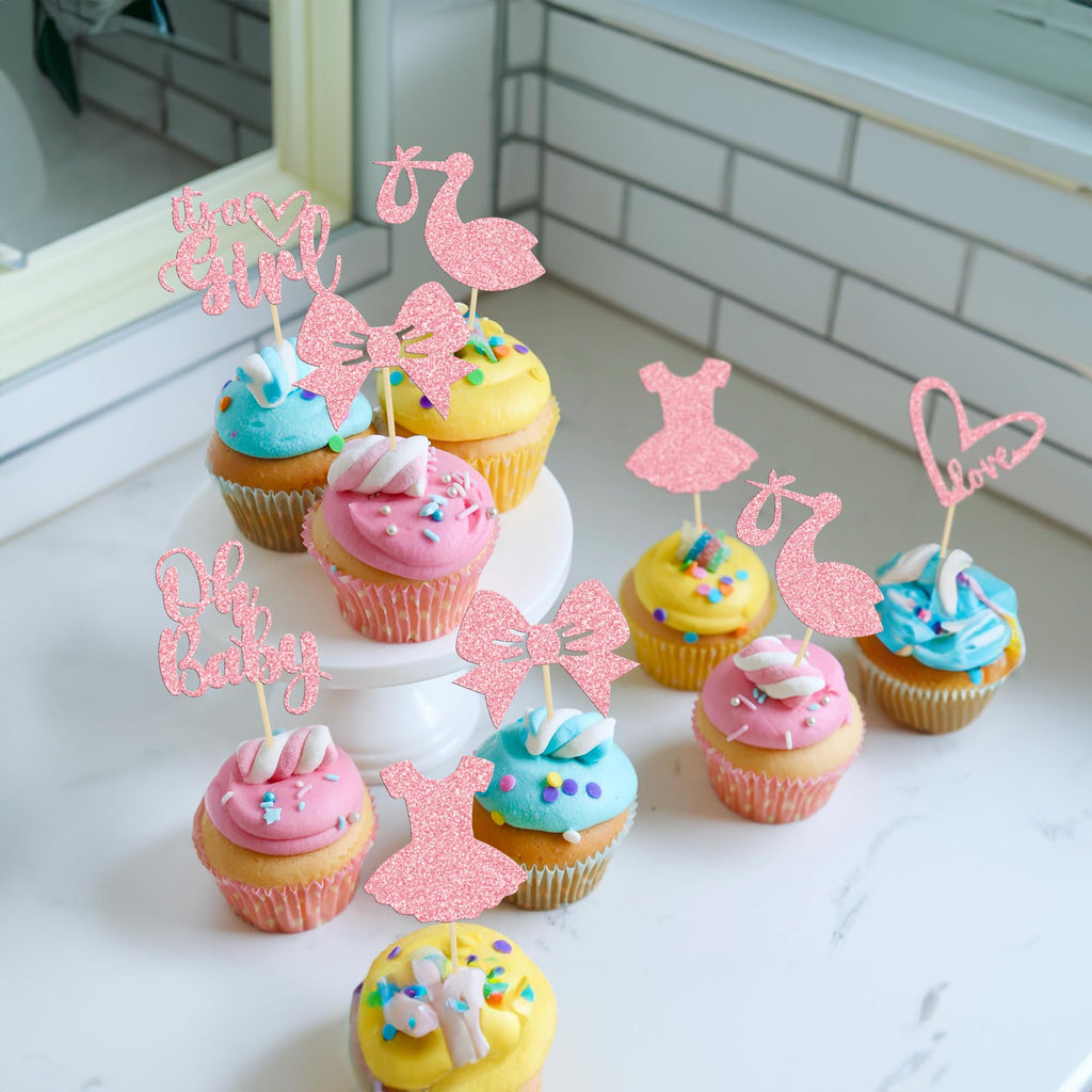Gyufise 36-Pack Oh Baby Cupcake Toppers – Girl Theme Pink Glitter Cake Picks