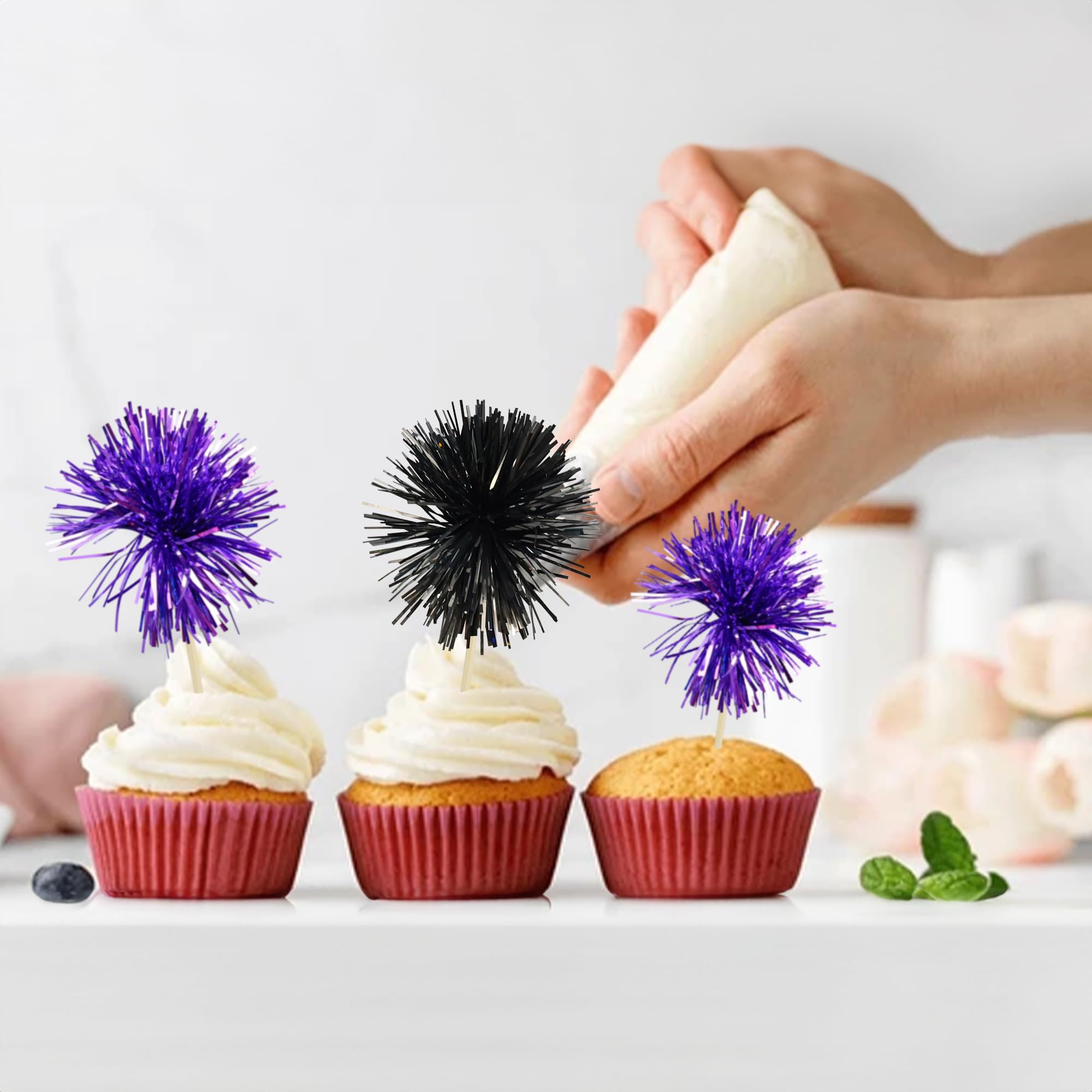 Gyufise 30Pcs Foil Firework Cupcake Toppers – Sparkle Tinsel Decorations