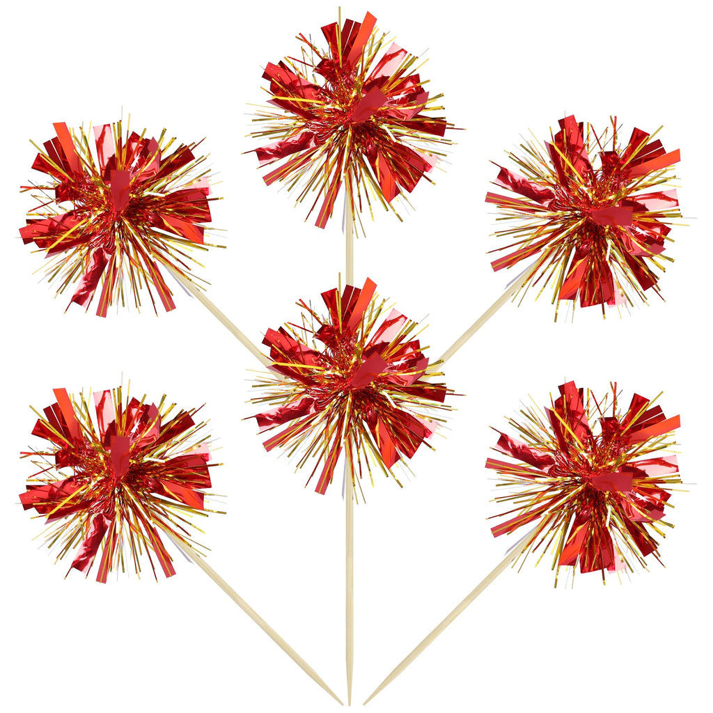 Gyufise 30Pcs Foil Firework Cupcake Toppers – Sparkle Gold & Red Tinsel Cake Picks