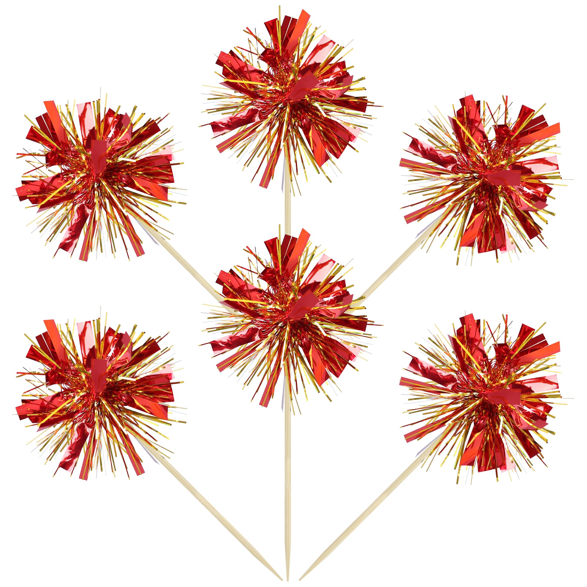 Gyufise 30Pcs Foil Firework Cupcake Toppers – Sparkle Gold & Red Tinsel Cake Picks