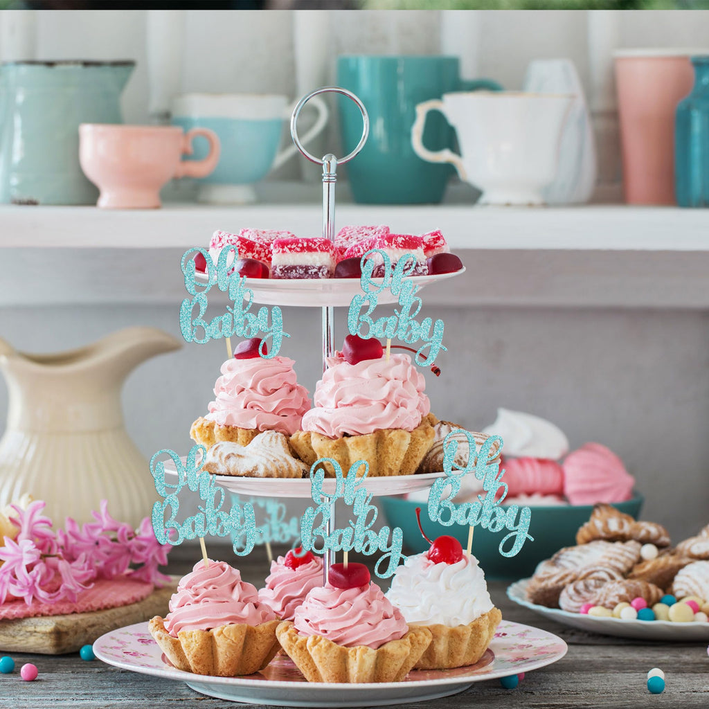 Gyufise 36Pcs Oh Baby Glitter Cupcake Toppers – Light Blue Baby Shower Picks