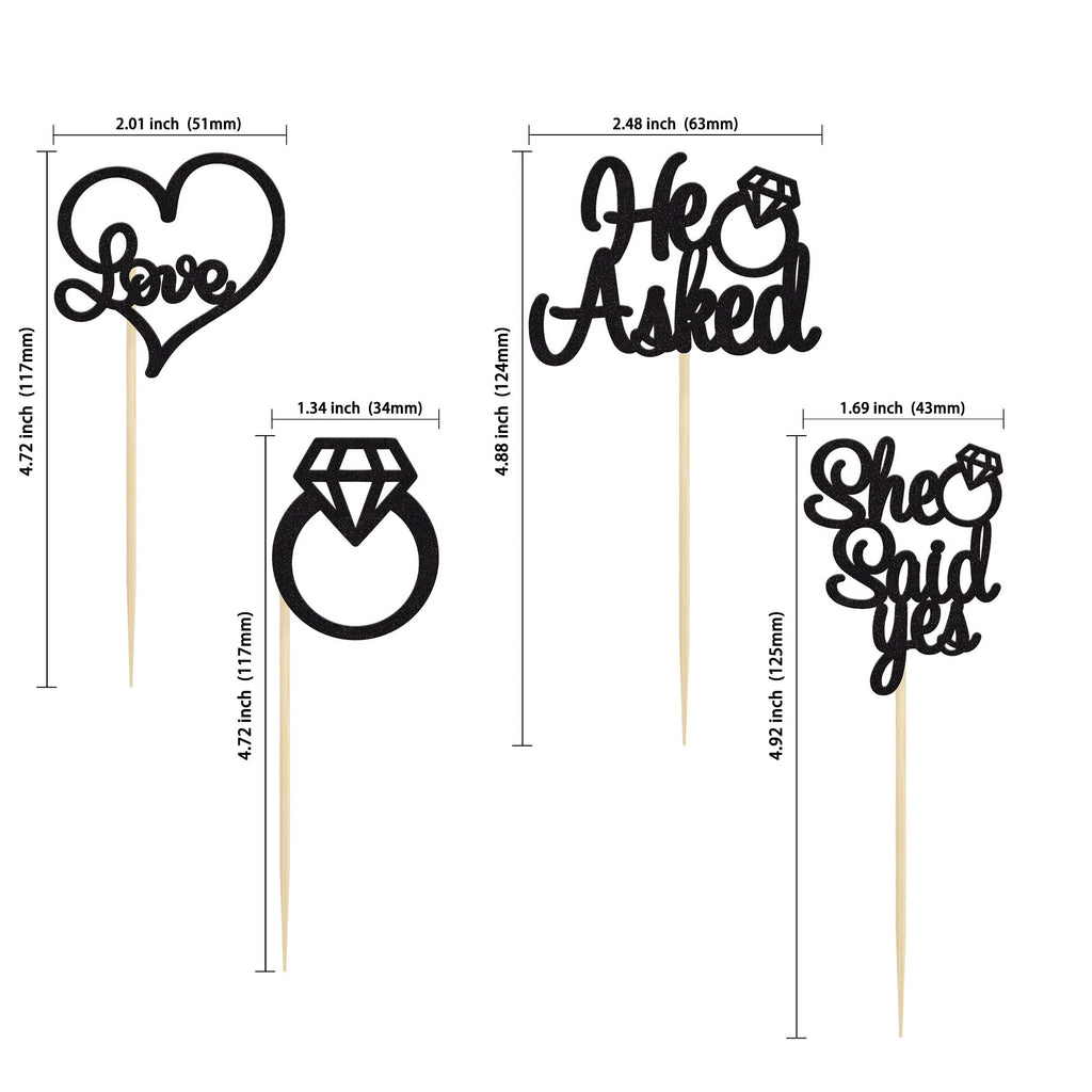 Gyufise 24 Pack Black Glitter He Asked She Said Yes Cupcake Toppers | Wedding & Bridal Shower Decor