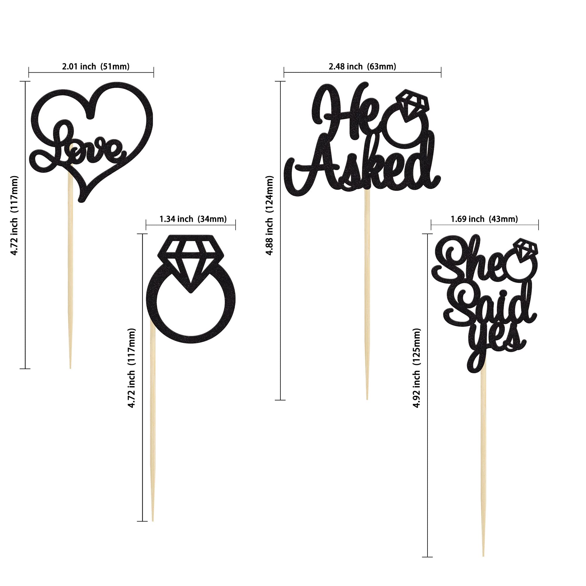 Gyufise 24 Pack Black Glitter He Asked She Said Yes Cupcake Toppers | Wedding & Bridal Shower Decor