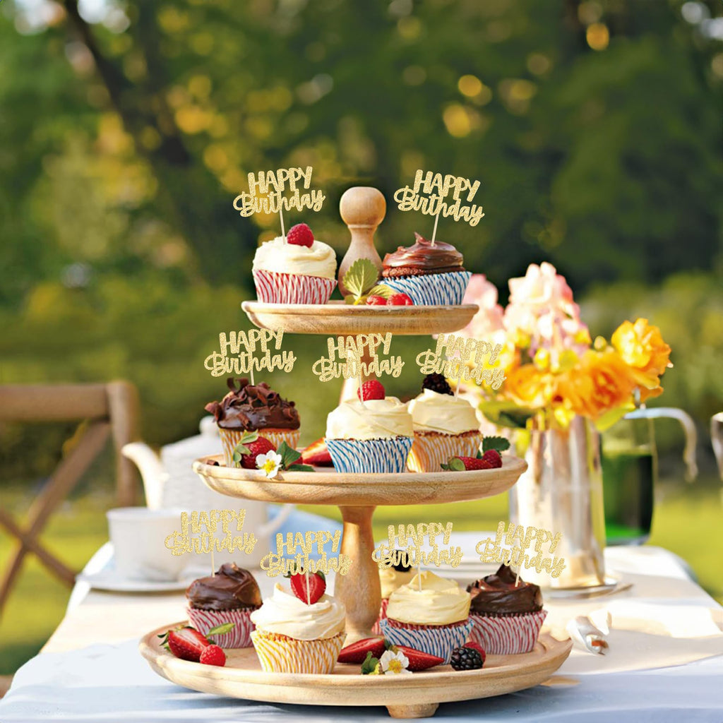 Gyufise 24Pcs Happy Birthday Cupcake Toppers - Gold Glitter Cake Picks for Birthday, Baby Shower & Party Decor