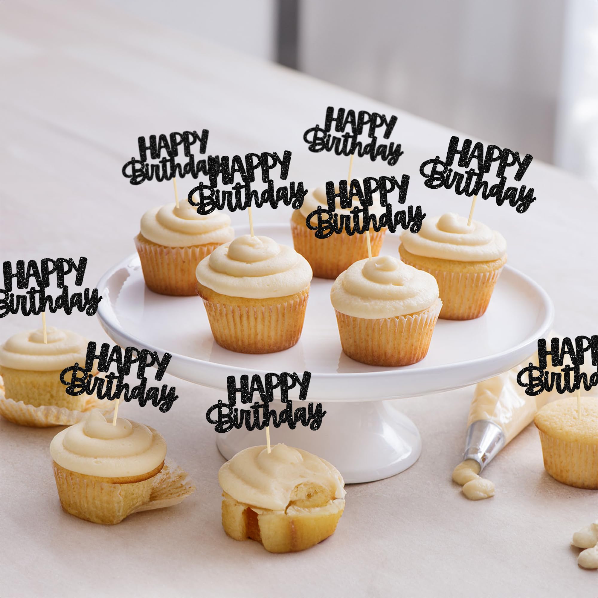 Gyufise Black Glitter Happy Birthday Cupcake Toppers – 24-Pack Cake Decorations