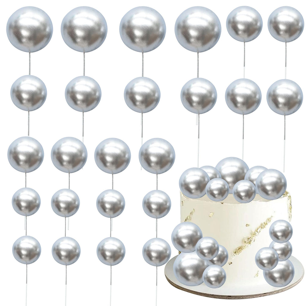 Gyufise 30Pcs Mini Balloon Cake Toppers – Foam Ball Cupcake Picks, Faux Pearl Balls, Silver