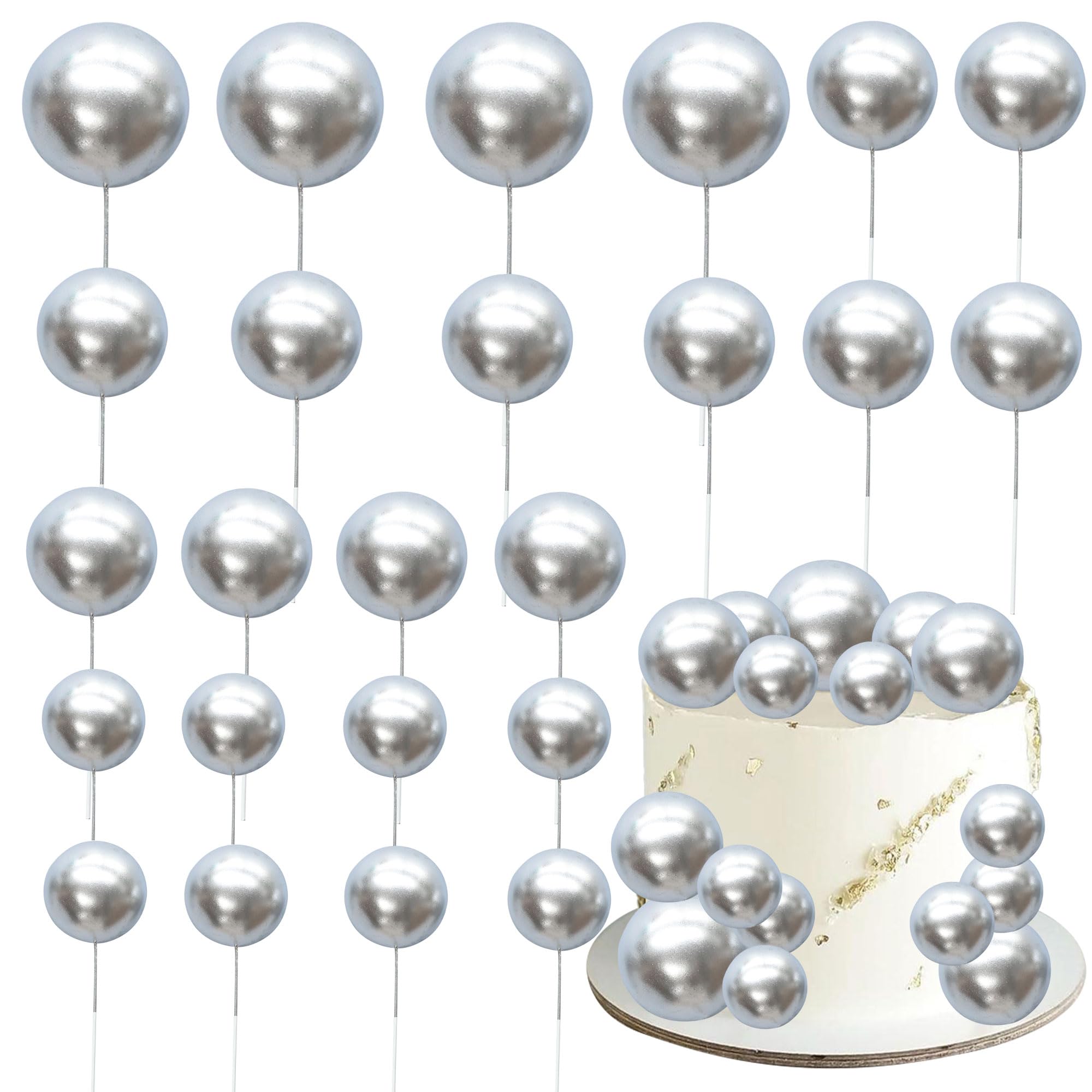 Gyufise 30Pcs Mini Balloon Cake Toppers – Foam Ball Cupcake Picks, Faux Pearl Balls, Silver