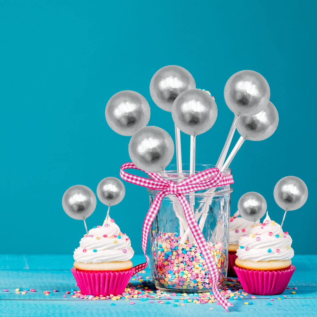 Gyufise 30Pcs Mini Balloon Cake Toppers – Foam Ball Cupcake Picks, Faux Pearl Balls, Silver